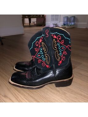 ARIAT FATBABY WESTERN COWBOY BOOTS BLACK RED BLUE EMBROIDERED LEATHER WOMENS 7.5